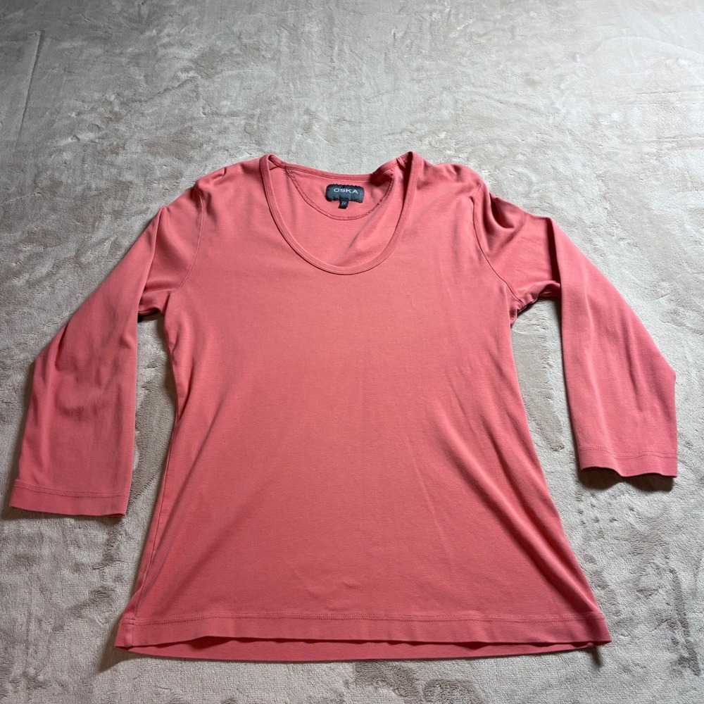 Oska Women Coral Pink 100% Cotton Scoop Neck Long Sleeve Jersey Top Size IV